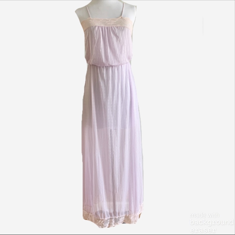 VTG 60s 70s Lingerie Gown Purple Pink Lace Belted
